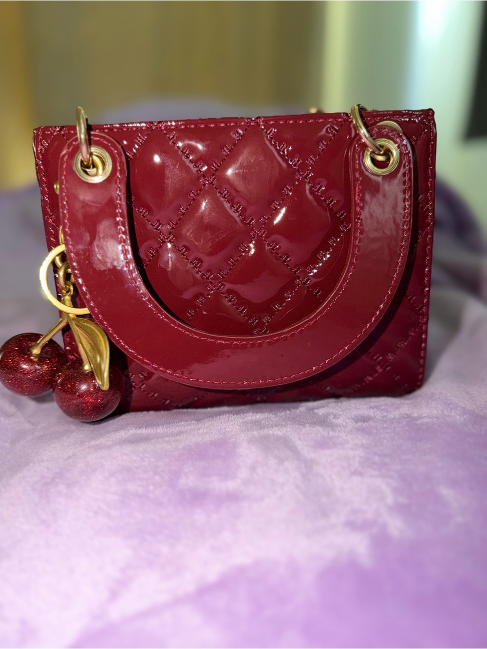 Glossy Red Patent Quilted Mini Tote with Cherry Charm - Picture 2 of 5